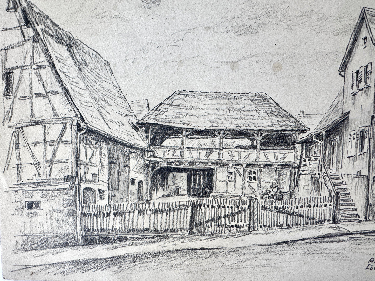 Zeichnung, Stuttgart Alt-Degerloh. Löwenstraße, Fachwerkhaus