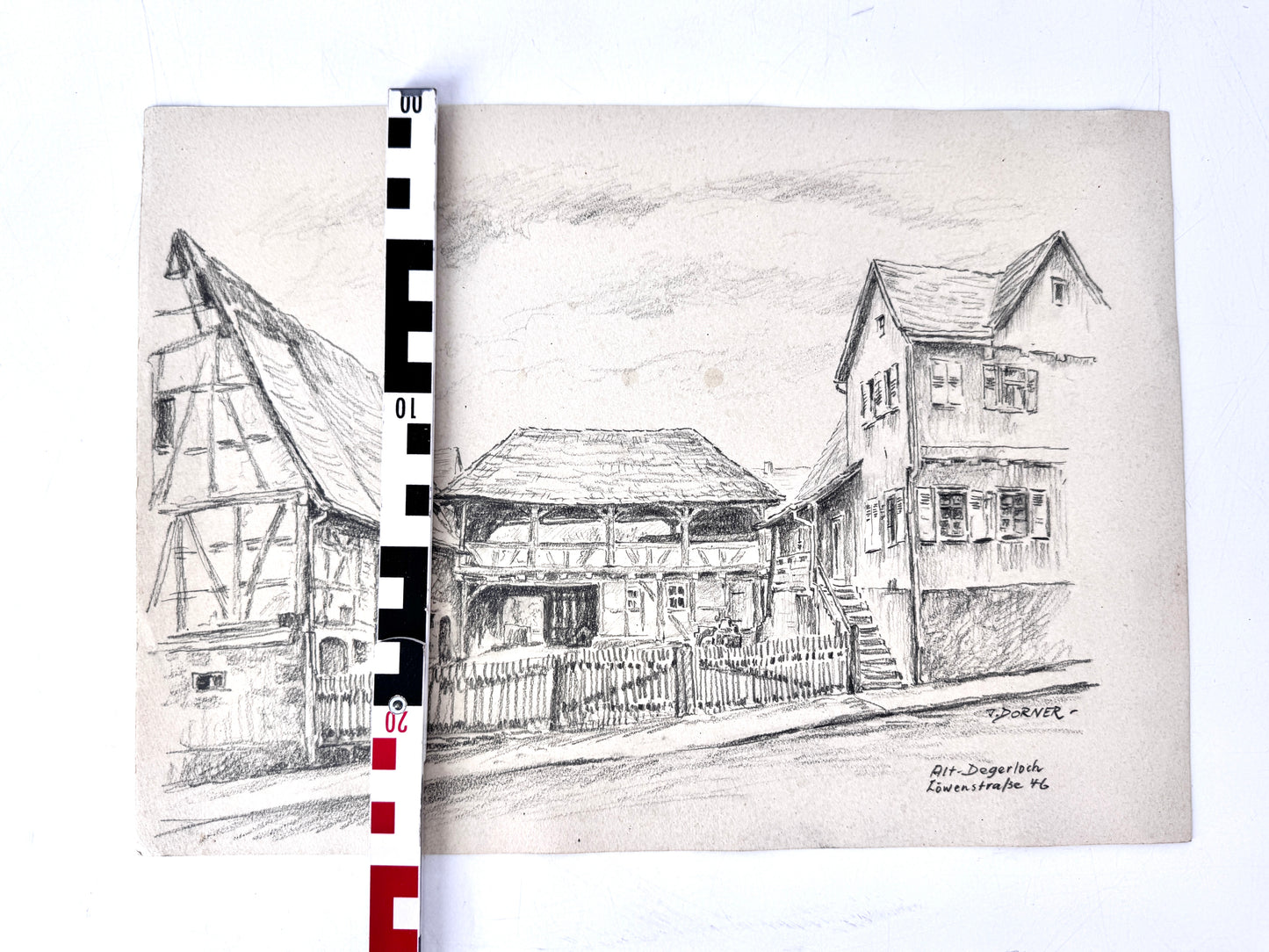 Zeichnung, Stuttgart Alt-Degerloh. Löwenstraße, Fachwerkhaus