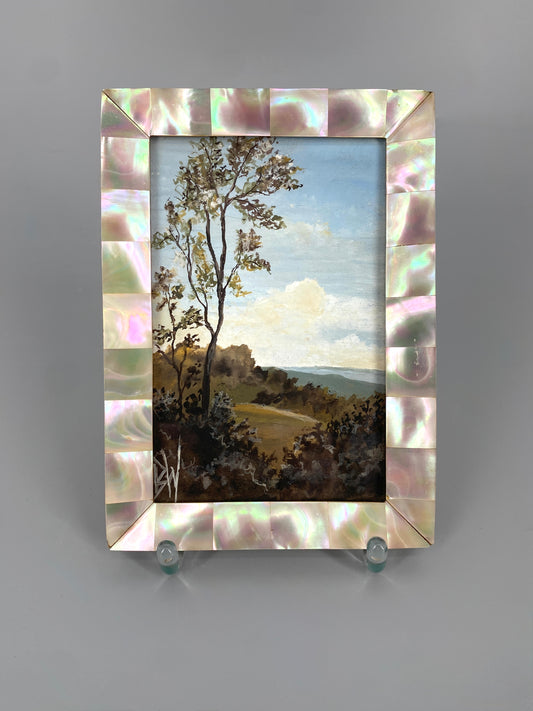 Signiertes Acrylgemälde von Barbara Wiktor in einem schönen, antiken Holzrahmen mit Perlmutt-Einlegearbeit