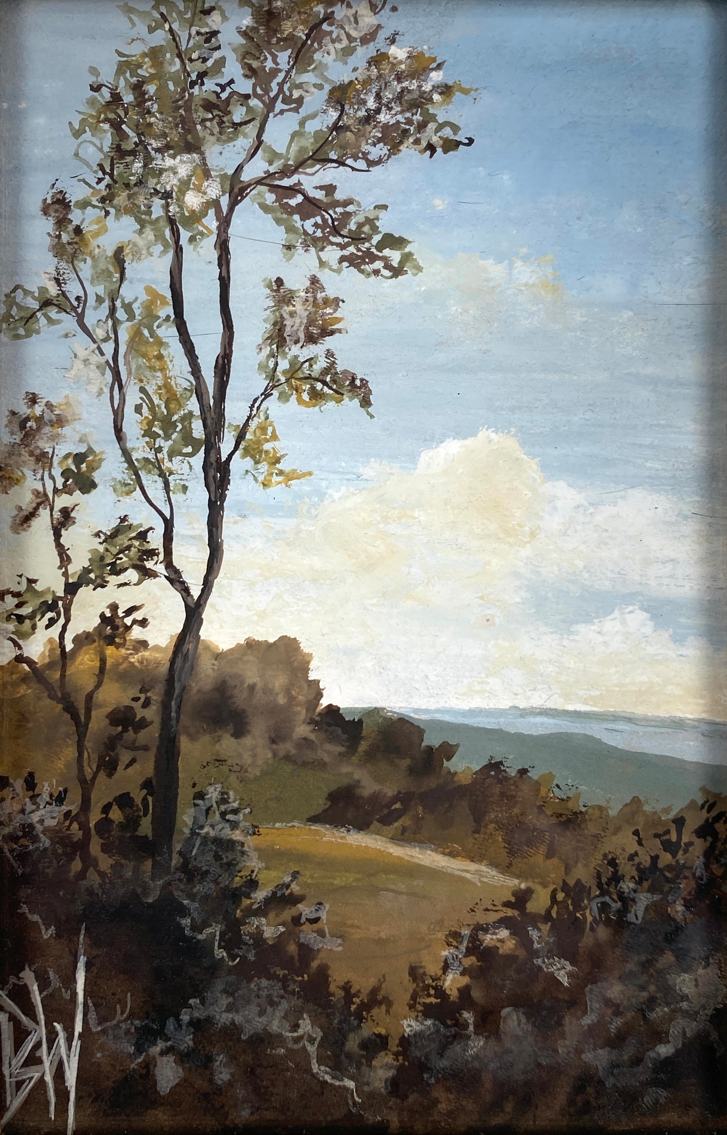 Signiertes Acrylgemälde von Barbara Wiktor in einem schönen, antiken Holzrahmen mit Perlmutt-Einlegearbeit