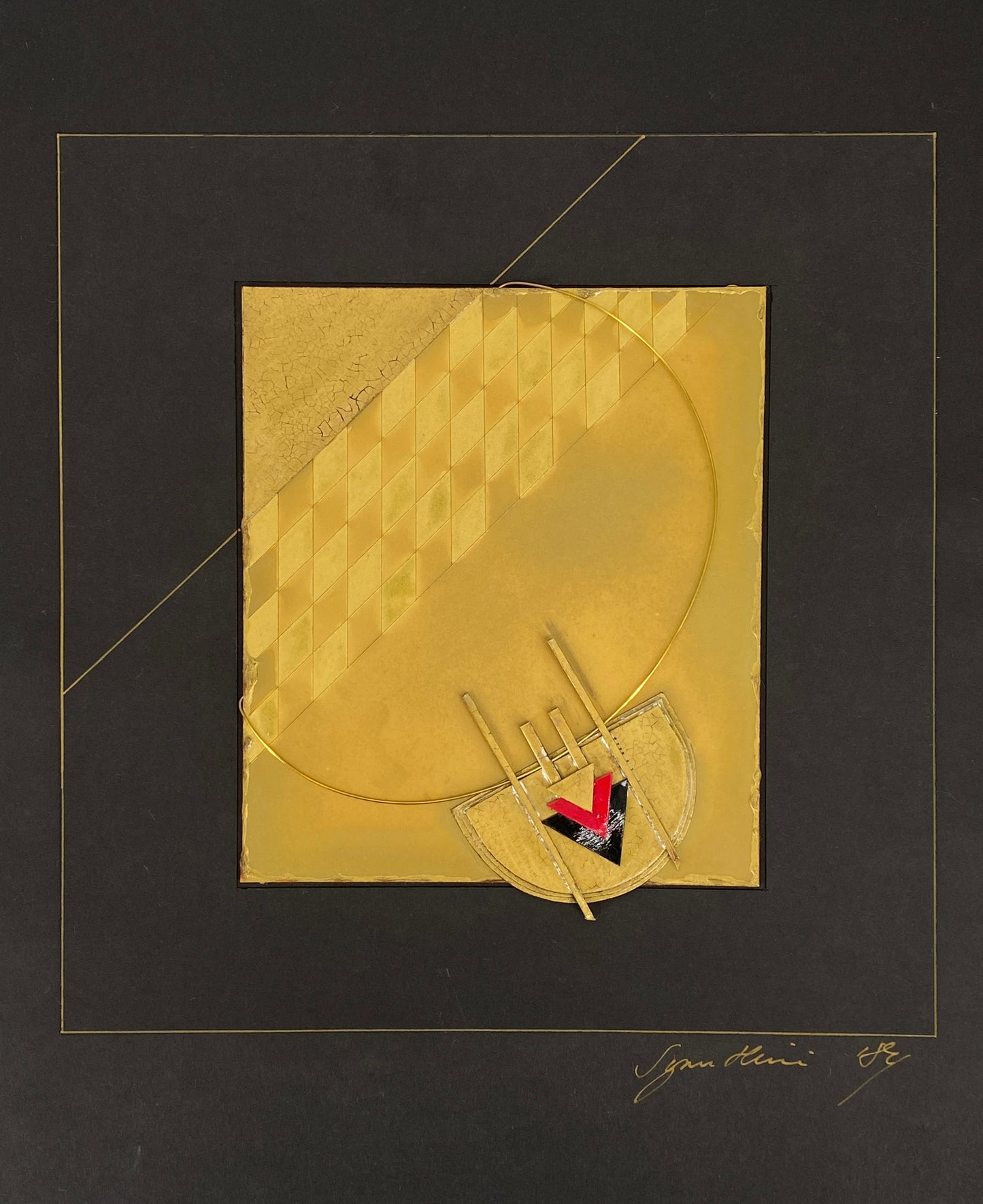 Signierte Konstruktivistische Kartoncollage in Gold mit einem Kupferdraht, 1984