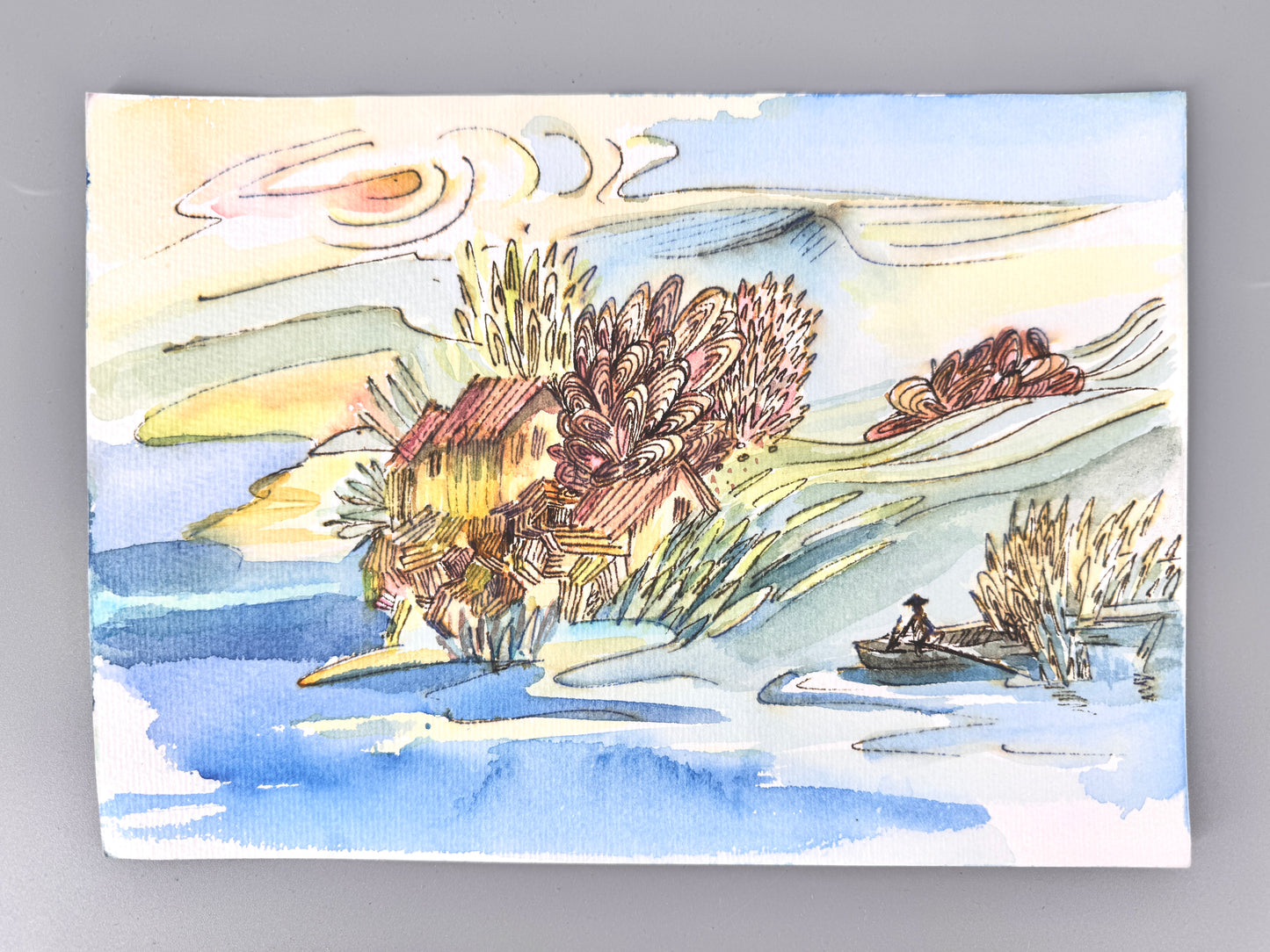 2X Aquarelle, Helga Engeln. Einsame Insel, Ankunft und bei Nacht