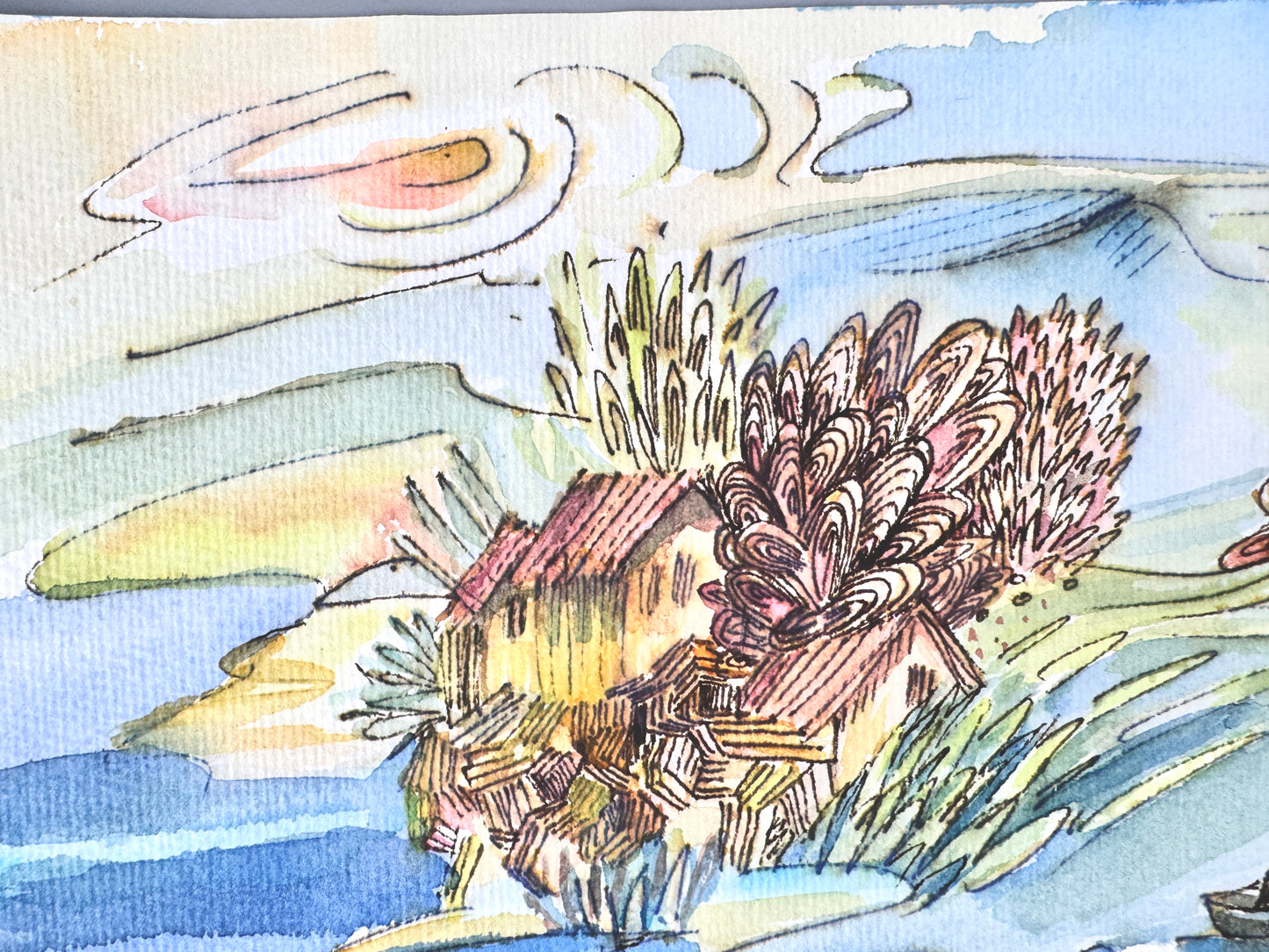 2X Aquarelle, Helga Engeln. Einsame Insel, Ankunft und bei Nacht