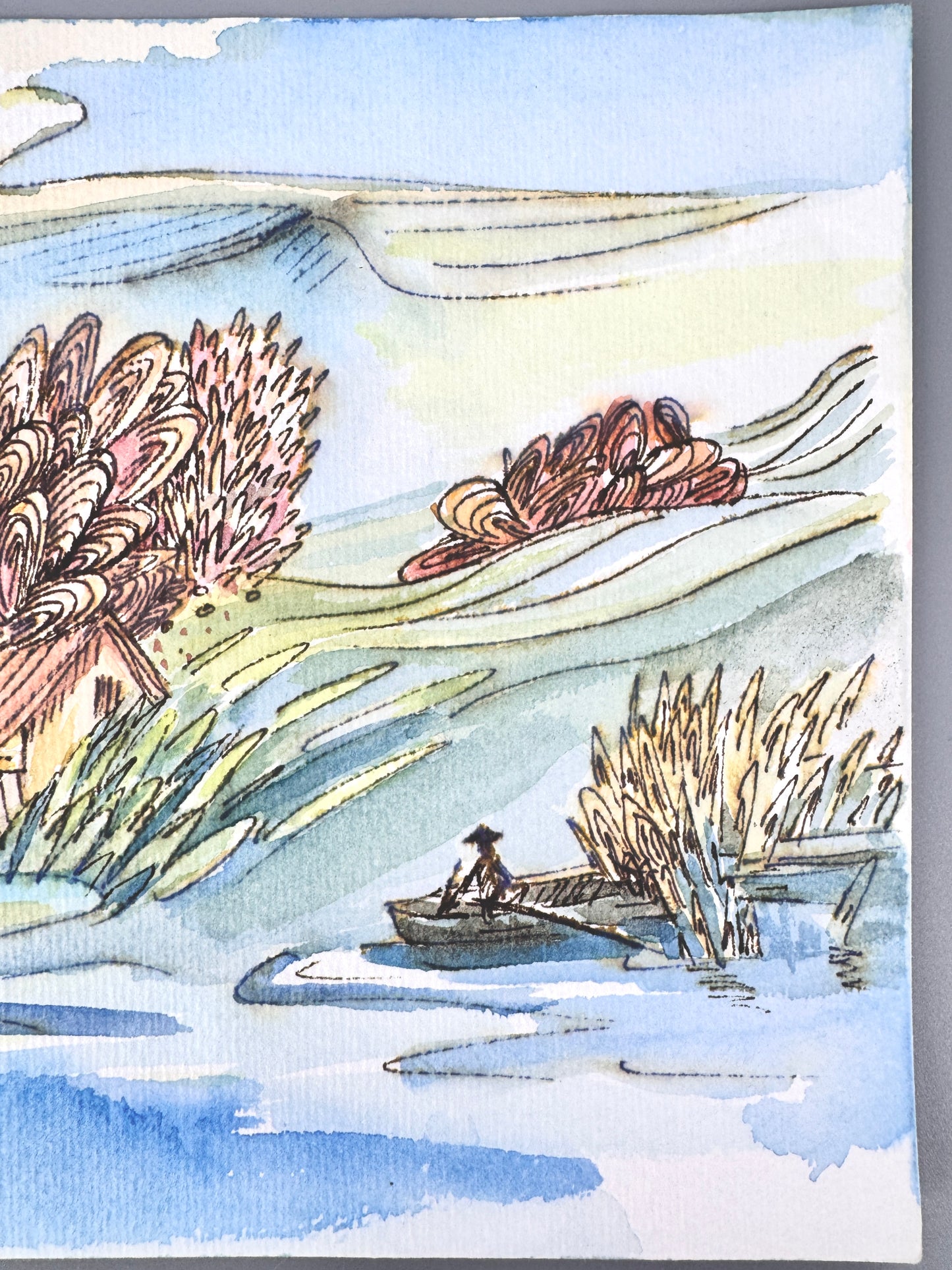 2X Aquarelle, Helga Engeln. Einsame Insel, Ankunft und bei Nacht