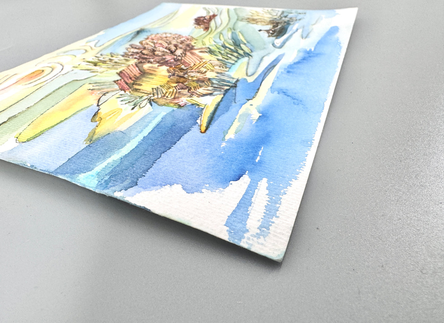 2X Aquarelle, Helga Engeln. Einsame Insel, Ankunft und bei Nacht