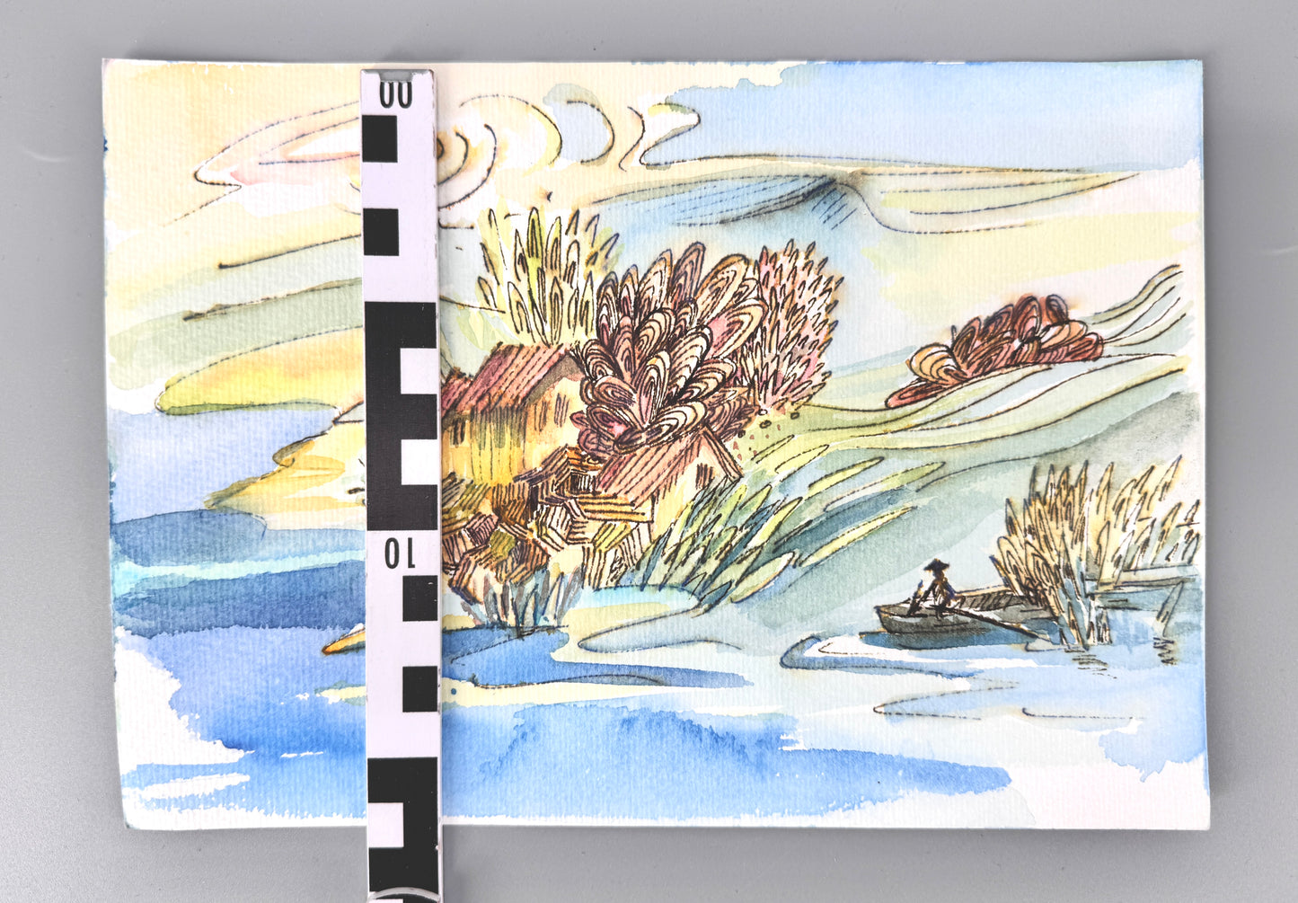 2X Aquarelle, Helga Engeln. Einsame Insel, Ankunft und bei Nacht