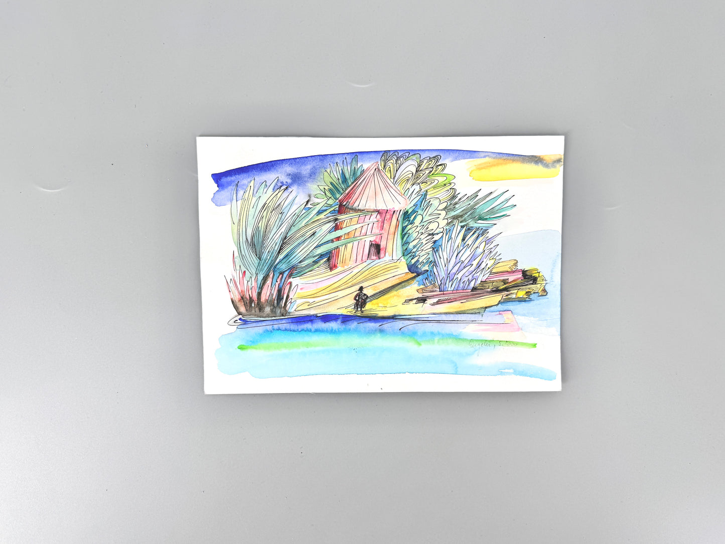 2X Aquarelle, Helga Engeln. Einsame Inseln, mit Meerblick
