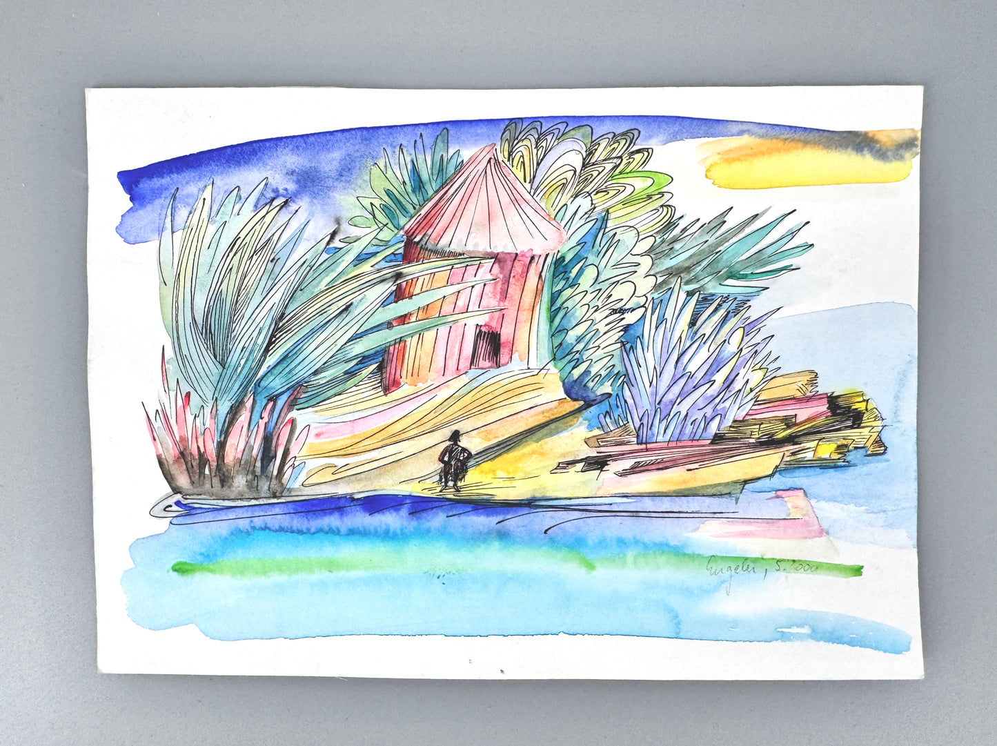 2X Aquarelle, Helga Engeln. Einsame Inseln, mit Meerblick