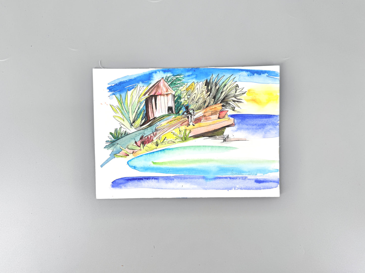 2X Aquarelle, Helga Engeln. Einsame Inseln, mit Meerblick