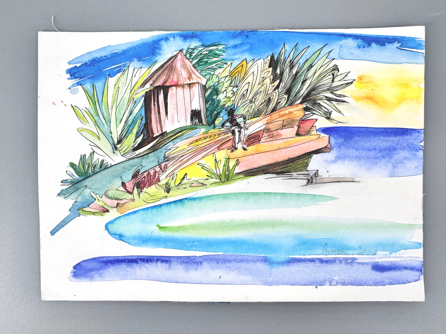 2X Aquarelle, Helga Engeln. Einsame Inseln, mit Meerblick