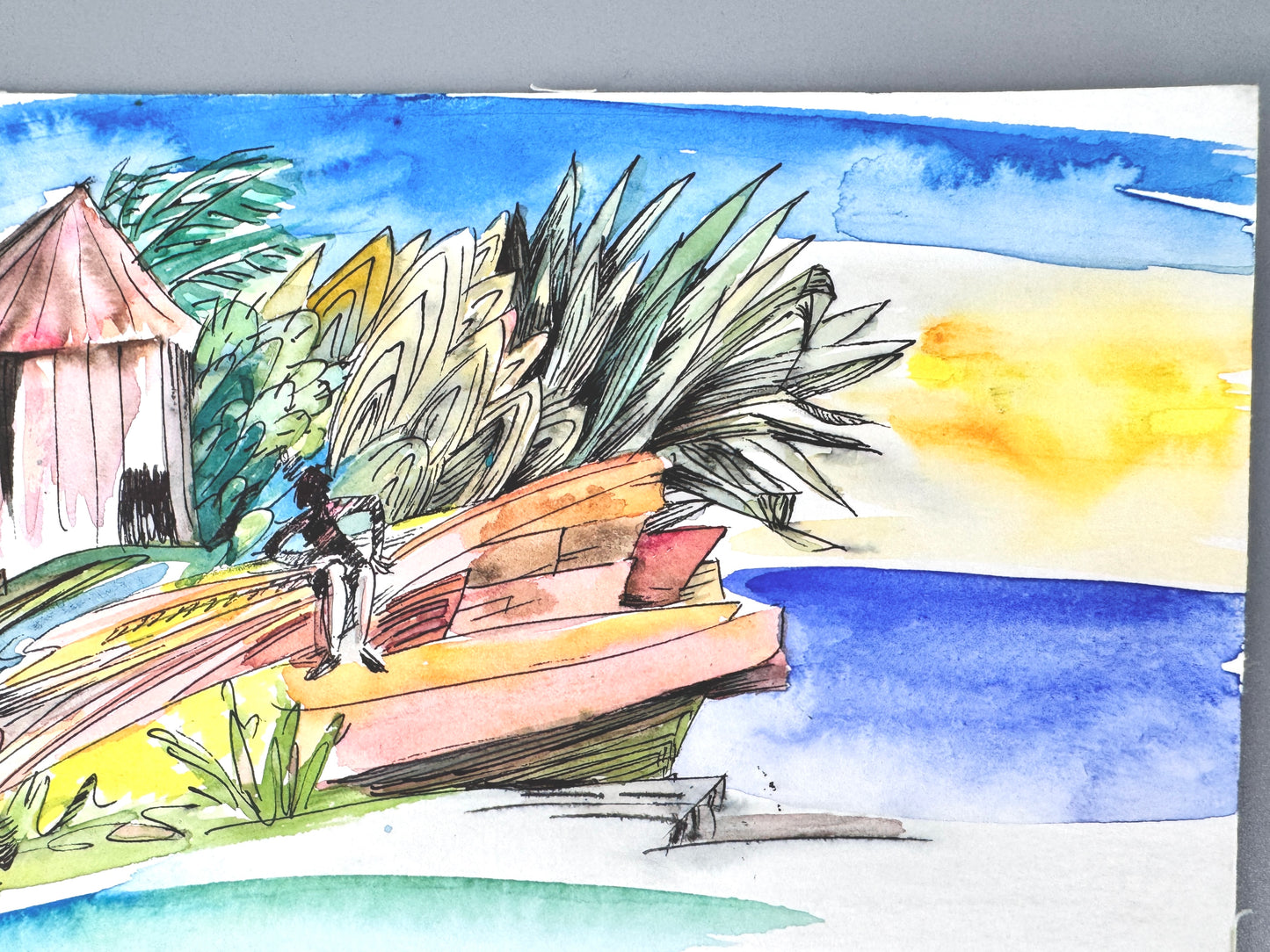 2X Aquarelle, Helga Engeln. Einsame Inseln, mit Meerblick