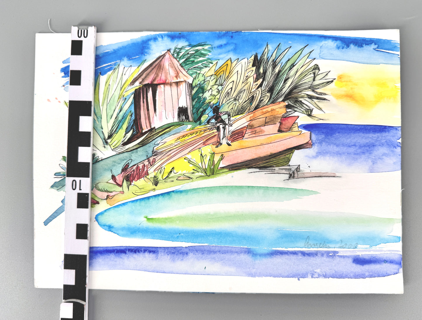 2X Aquarelle, Helga Engeln. Einsame Inseln, mit Meerblick