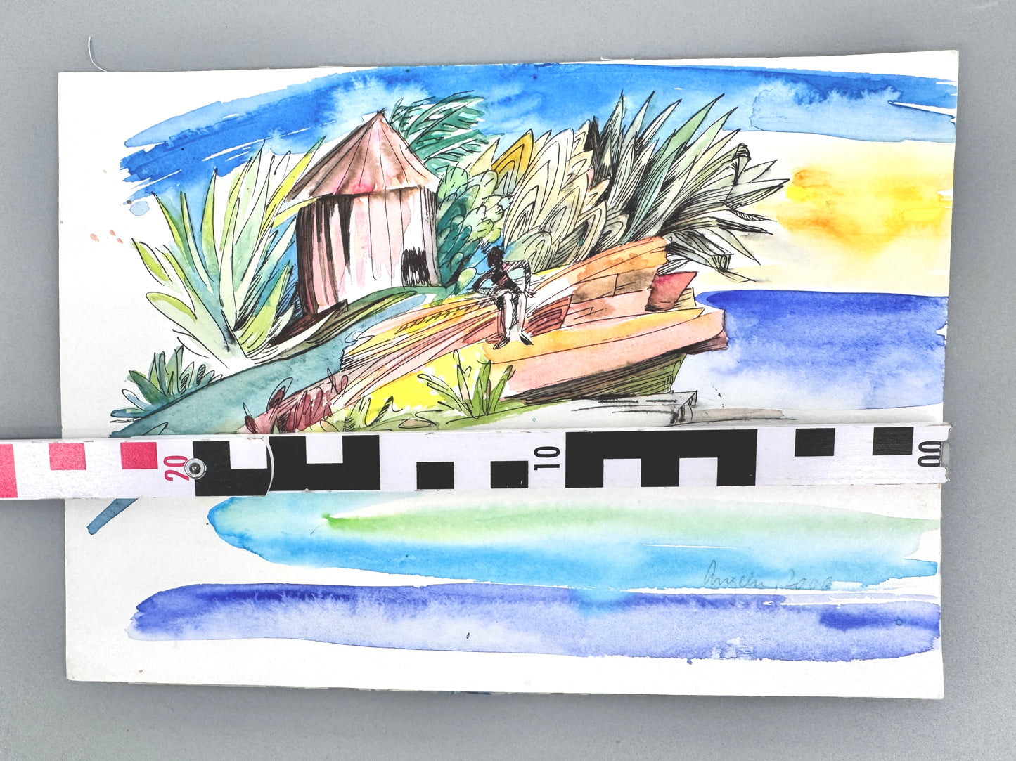 2X Aquarelle, Helga Engeln. Einsame Inseln, mit Meerblick