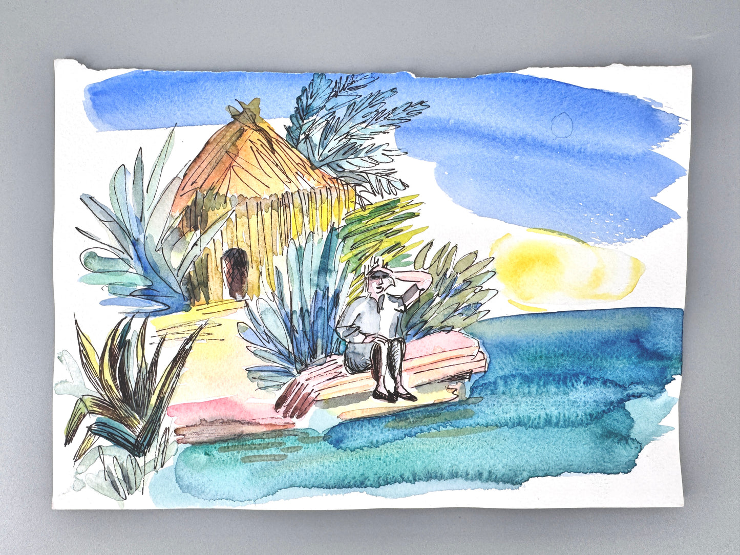 2X Aquarelle, Helga Engeln. Einsame Insel, Ankunft und bei Nacht