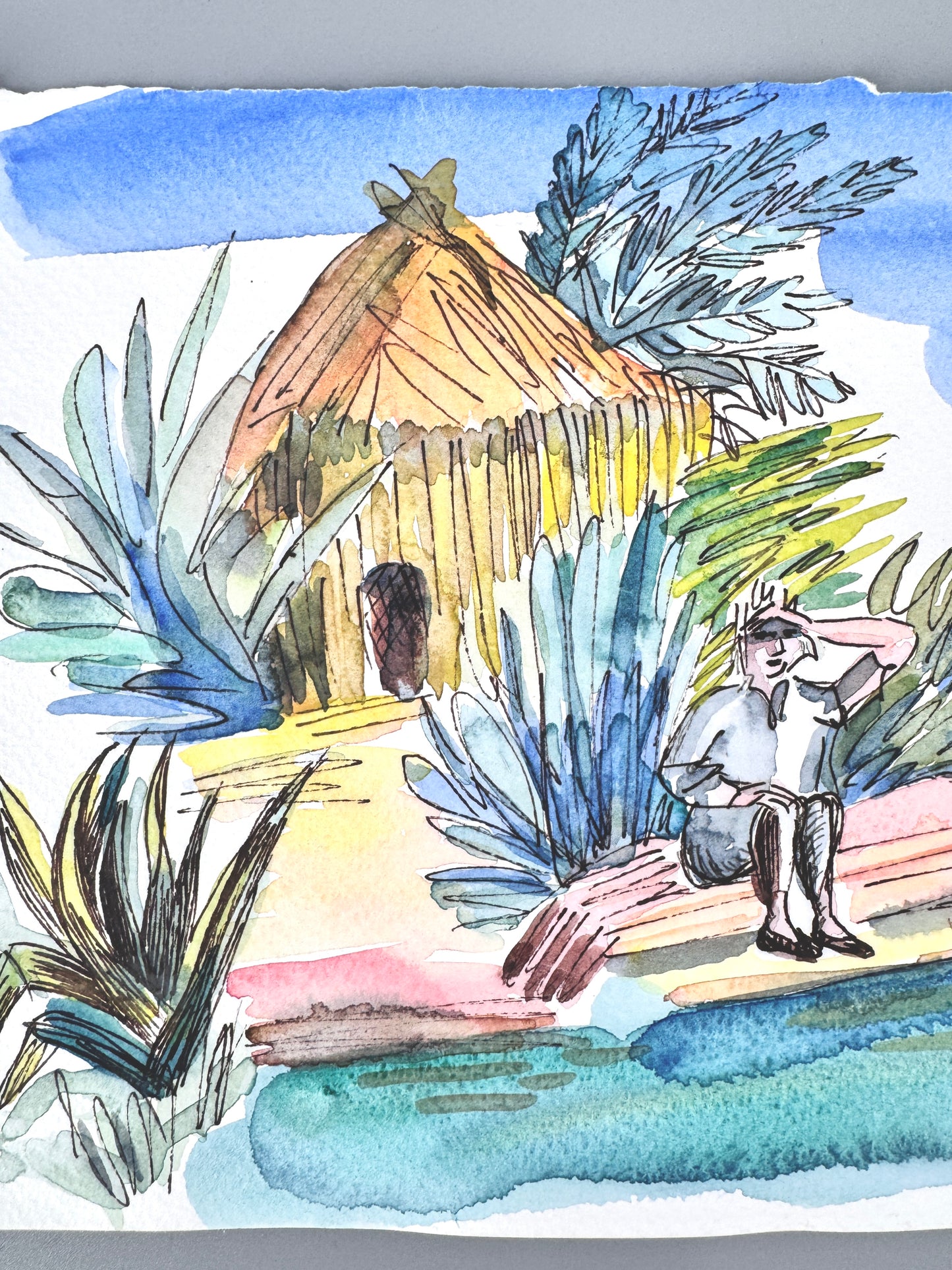 2X Aquarelle, Helga Engeln. Einsame Insel, Ankunft und bei Nacht