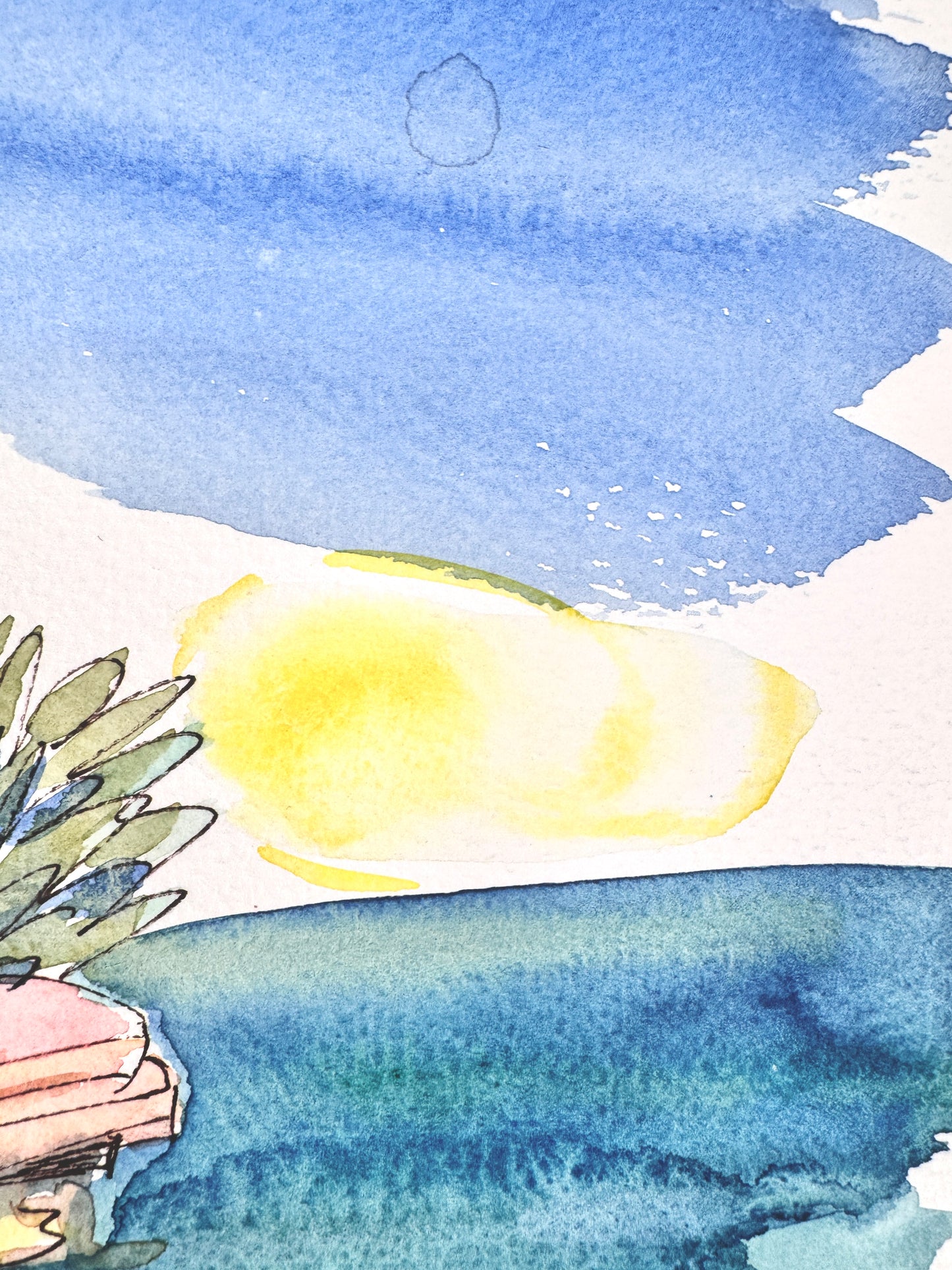 2X Aquarelle, Helga Engeln. Einsame Insel, Ankunft und bei Nacht