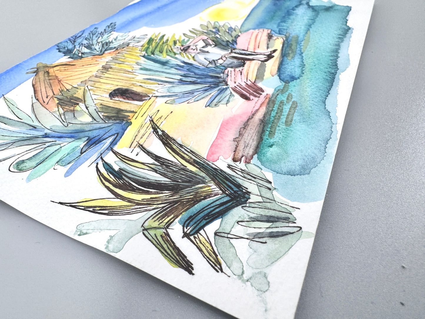2X Aquarelle, Helga Engeln. Einsame Insel, Ankunft und bei Nacht