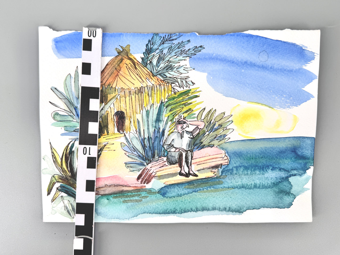 2X Aquarelle, Helga Engeln. Einsame Insel, Ankunft und bei Nacht