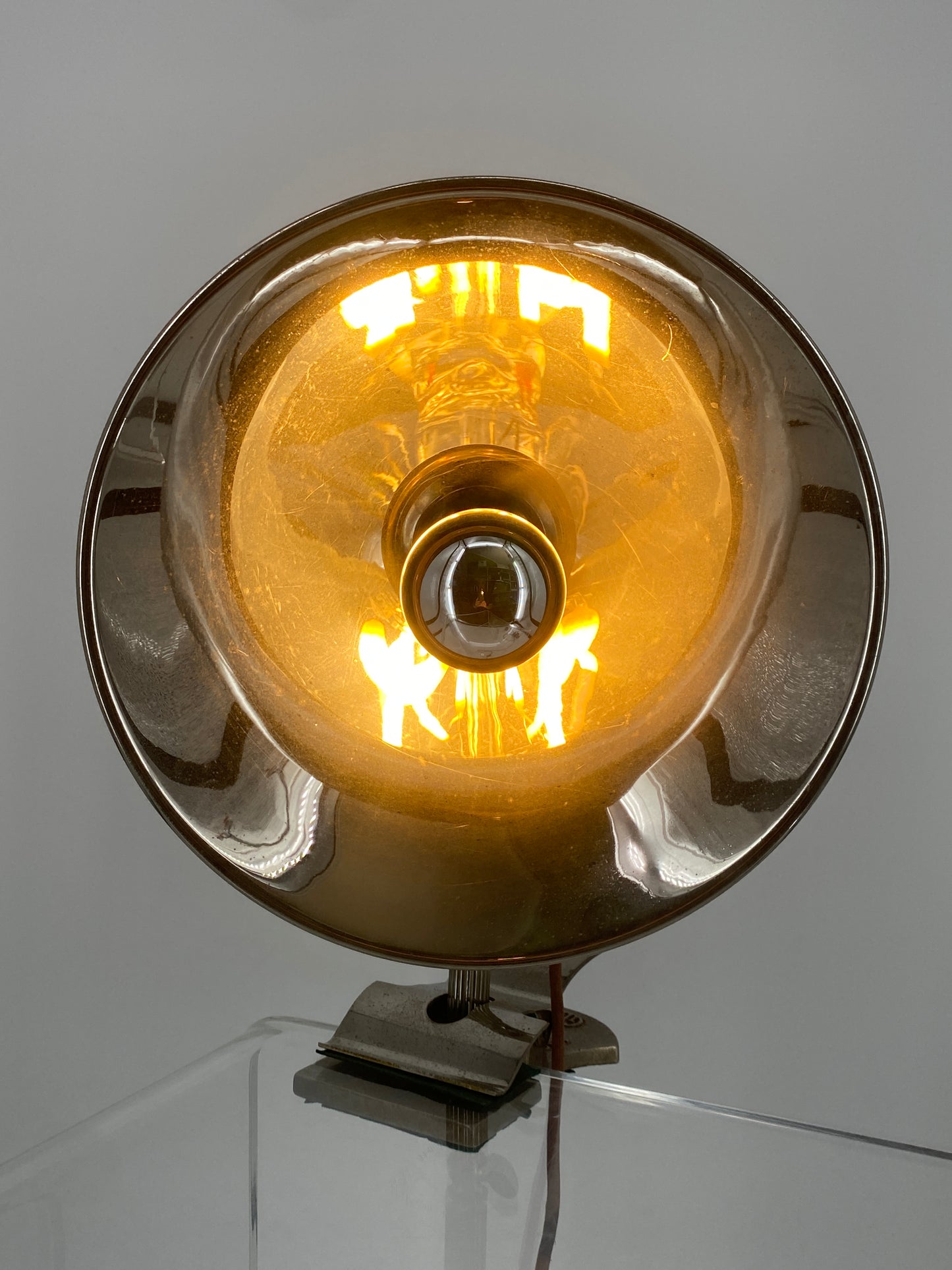 Klemmlampe mit großem Chrom-Reflektor von GLORY, Schweden 1930er
