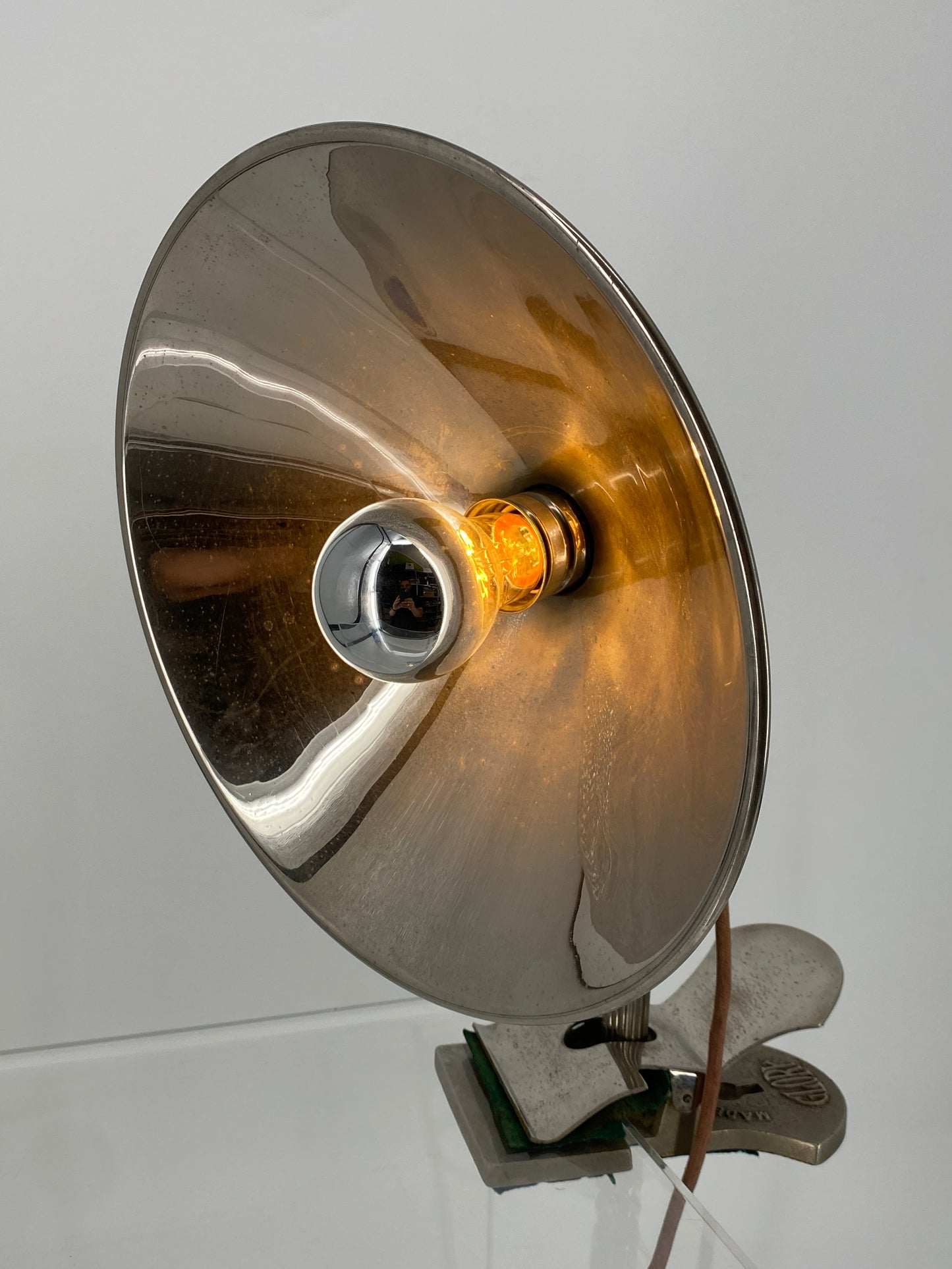 Klemmlampe mit großem Chrom-Reflektor von GLORY, Schweden 1930er