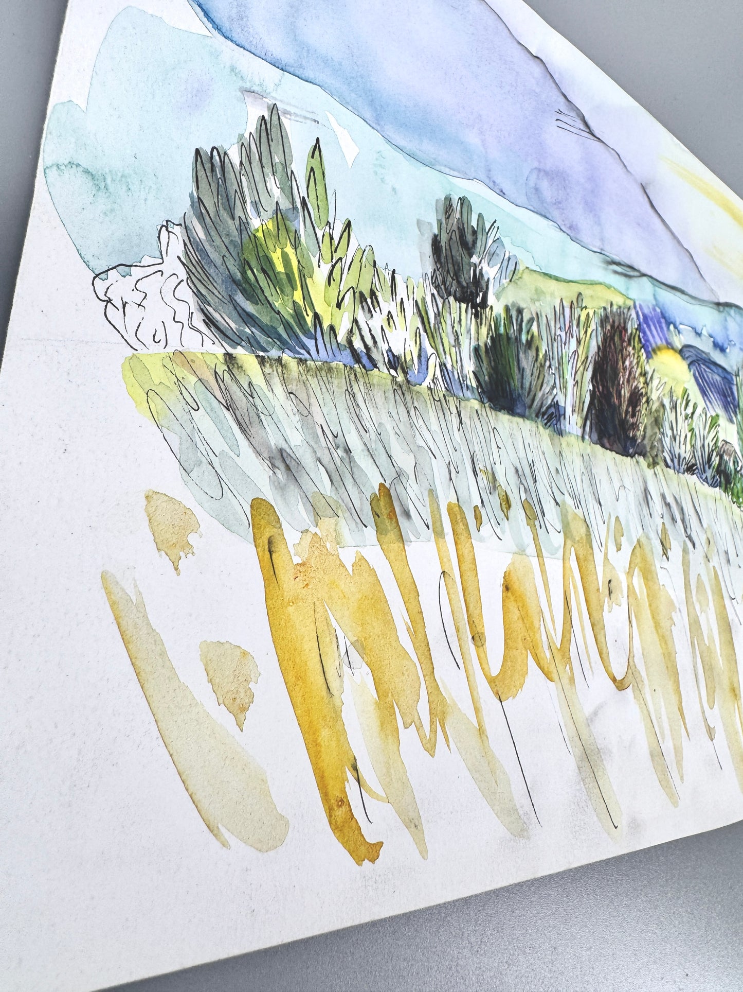 2X Aquarelle, Helge Engeln. Frühlingslandschaften