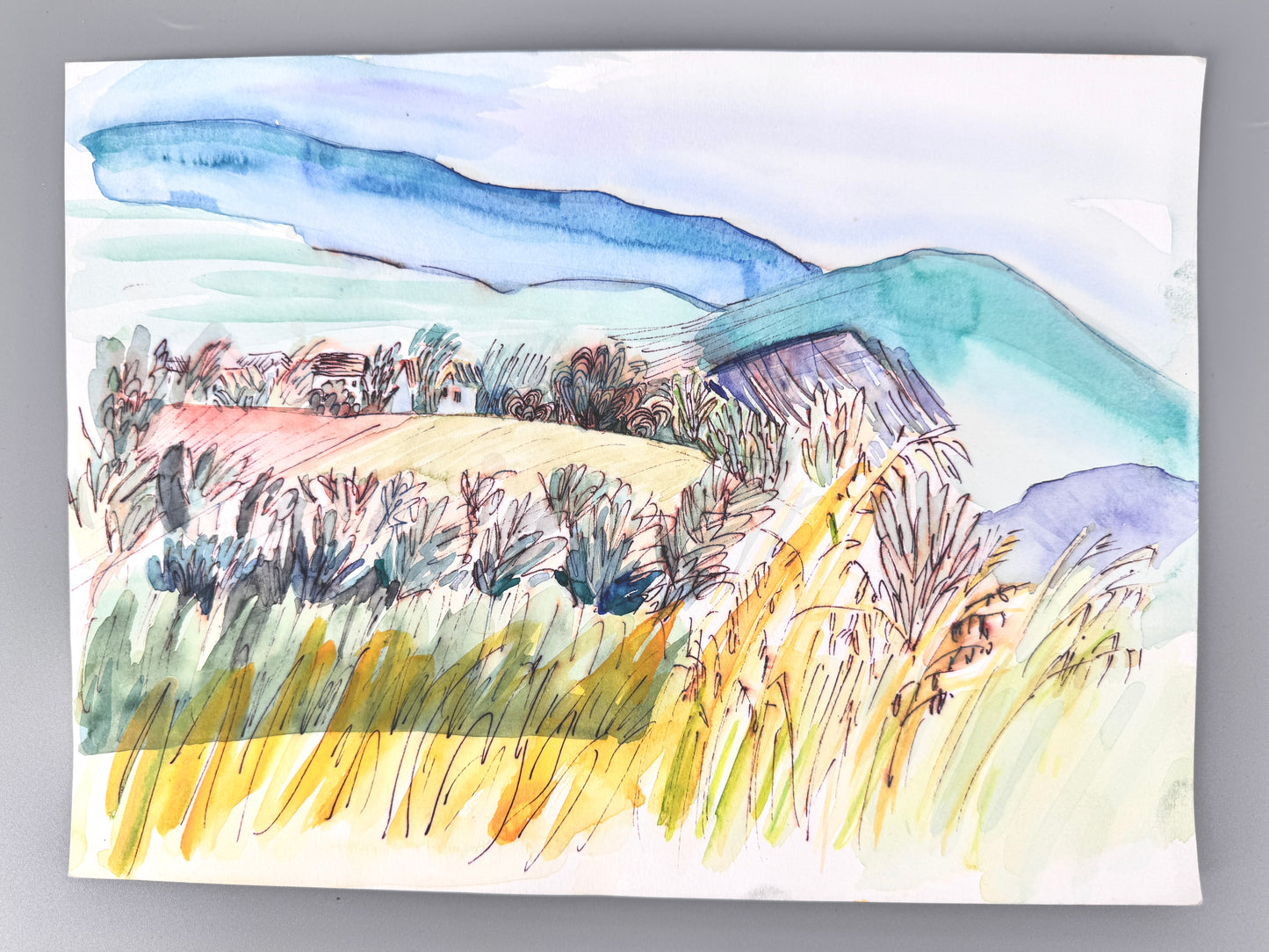 2X Aquarelle, Helge Engeln. Frühlingslandschaften