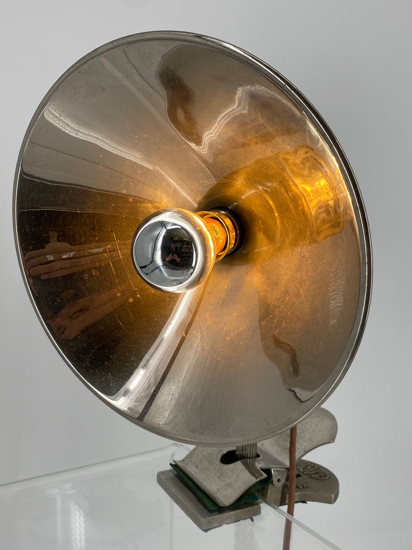 Klemmlampe mit großem Chrom-Reflektor von GLORY, Schweden 1930er