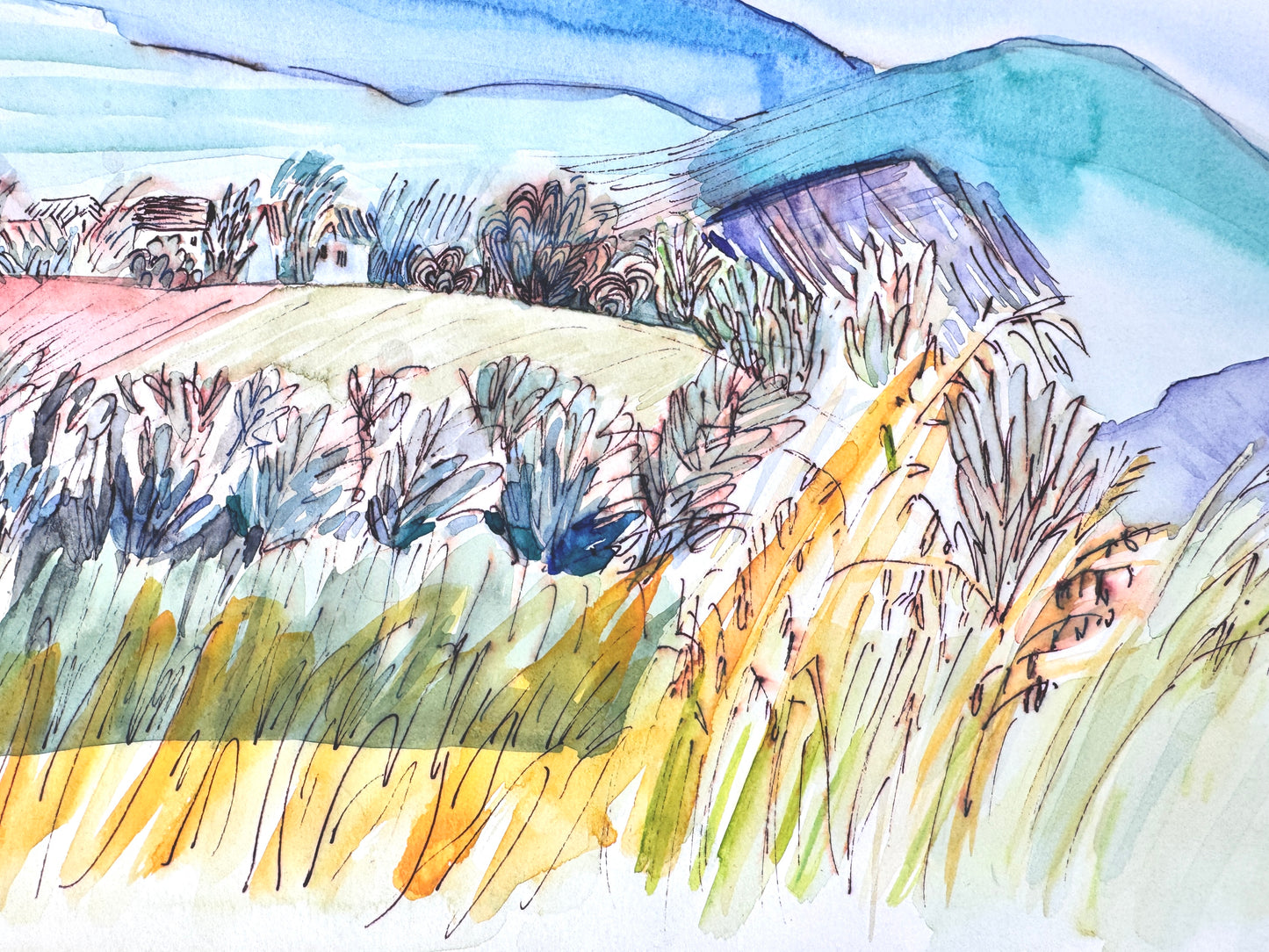 2X Aquarelle, Helge Engeln. Frühlingslandschaften