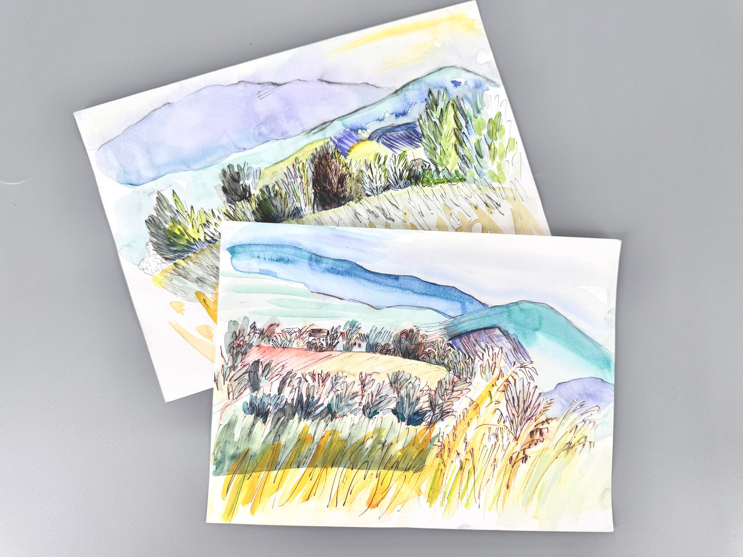 2X Aquarelle, Helge Engeln. Frühlingslandschaften