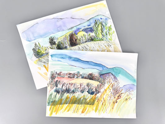 2X Aquarelle, Helge Engeln. Frühlingslandschaften