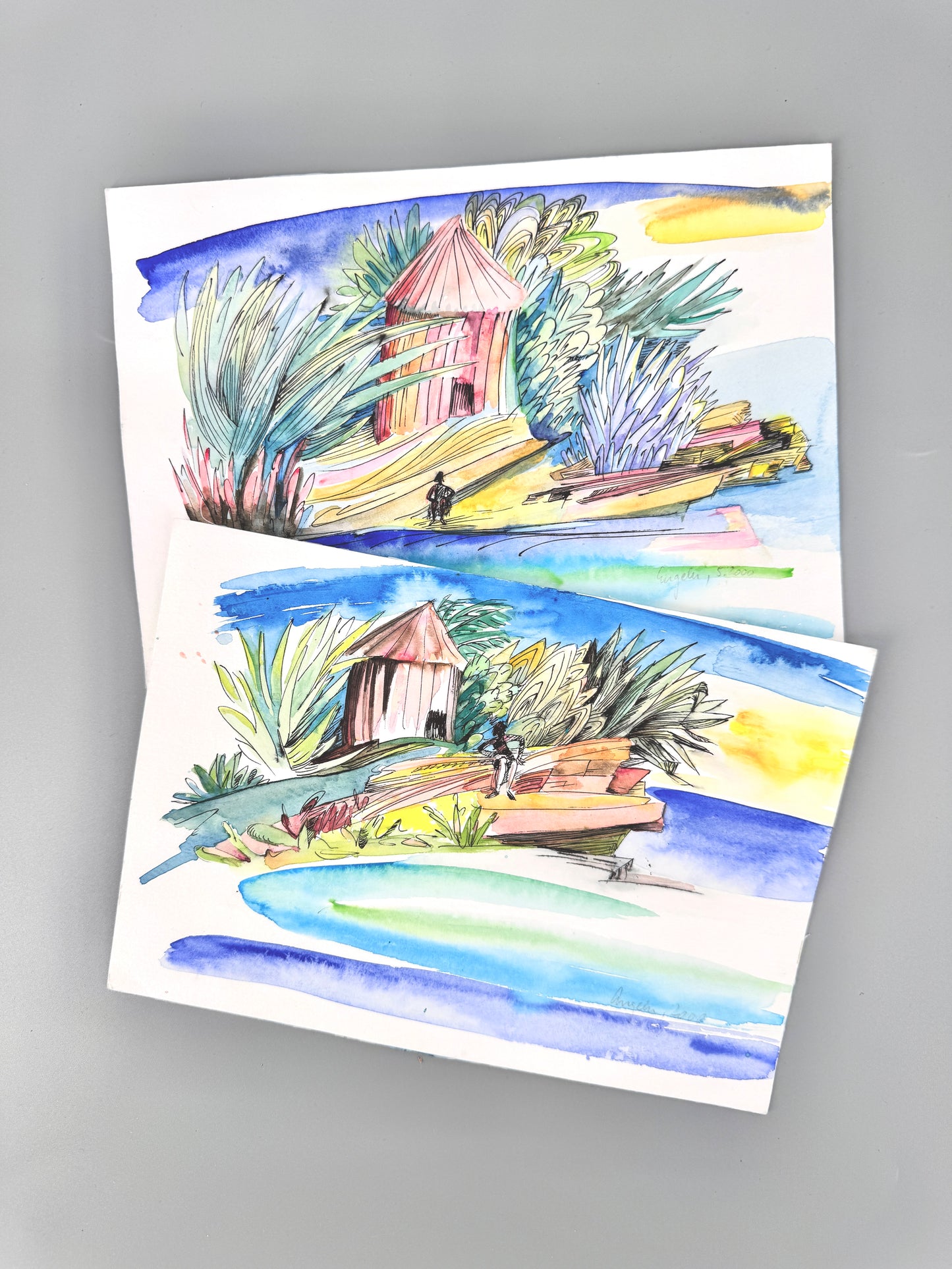 2X Aquarelle, Helga Engeln. Einsame Inseln, mit Meerblick