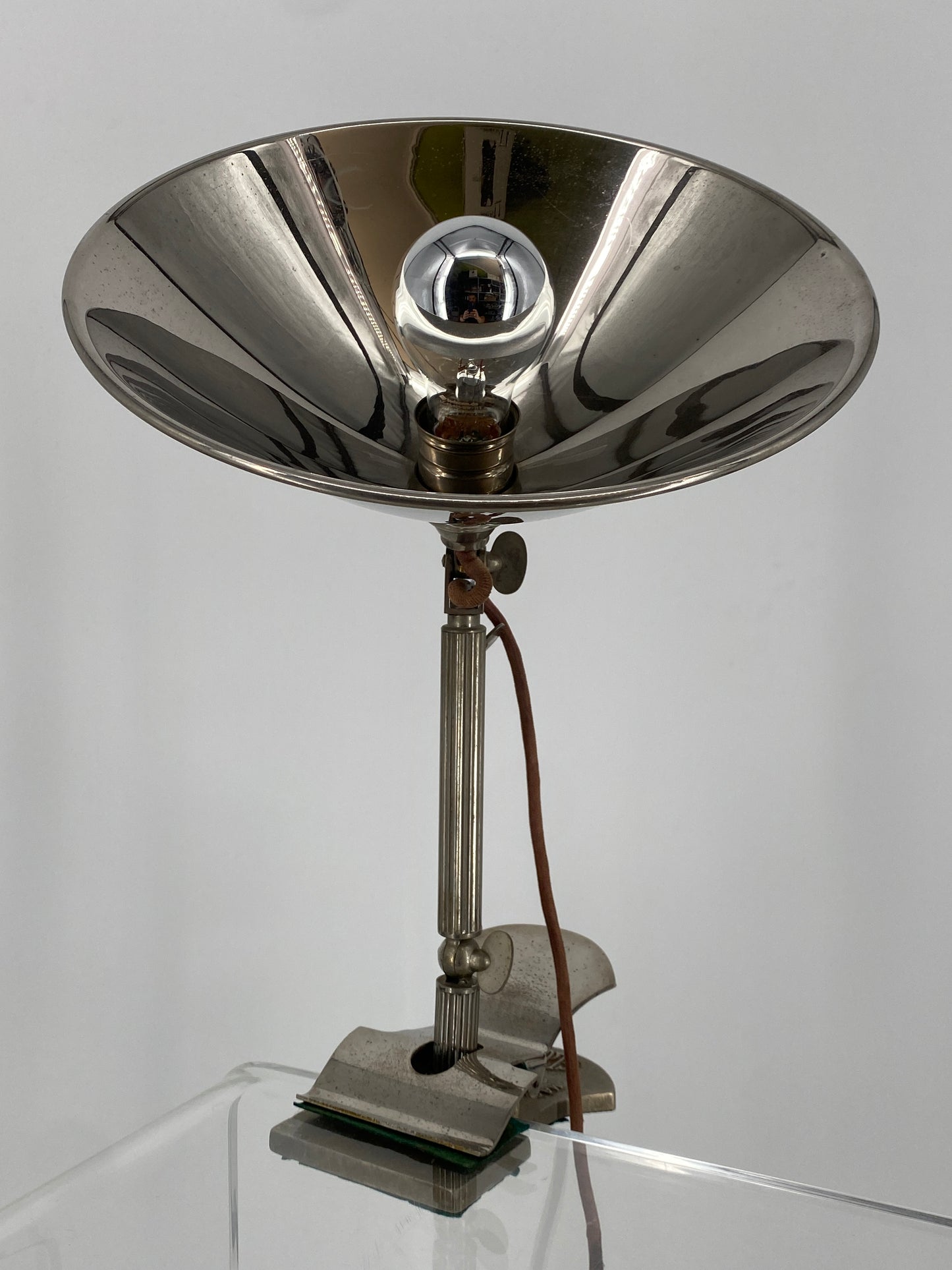 Klemmlampe mit großem Chrom-Reflektor von GLORY, Schweden 1930er