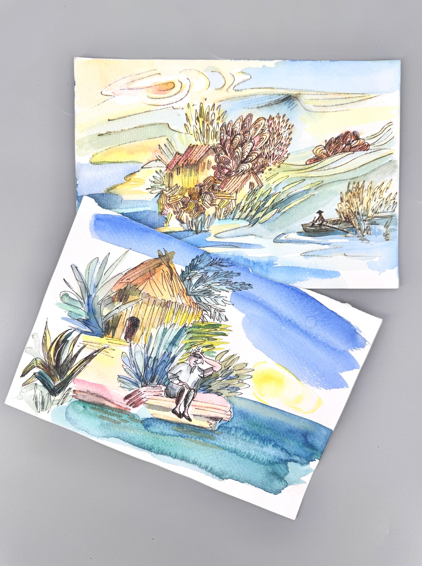2X Aquarelle, Helga Engeln. Einsame Insel, Ankunft und bei Nacht