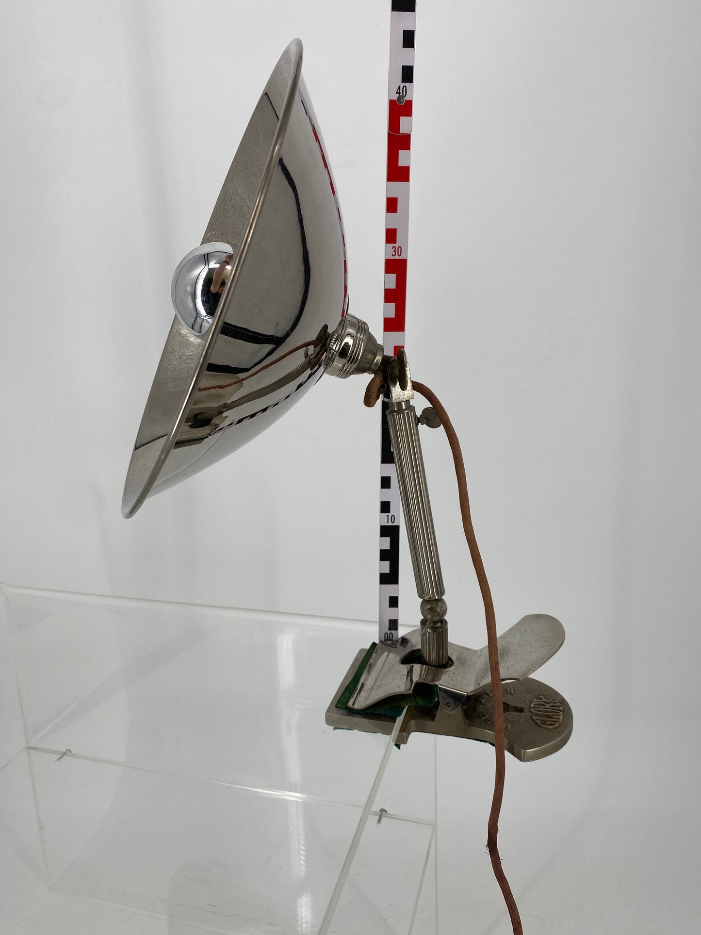 Klemmlampe mit großem Chrom-Reflektor von GLORY, Schweden 1930er