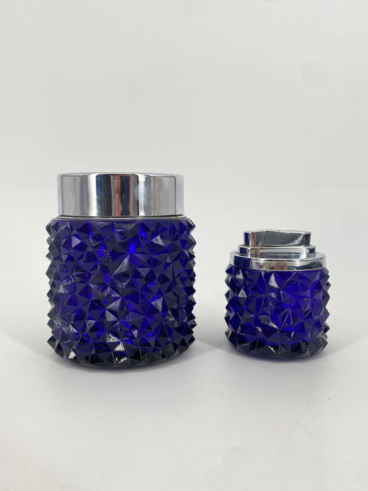 Raucher-Set aus blauem Kristallglas, Zigarettenspender & Tischfeuerzeug 1970er Jahre