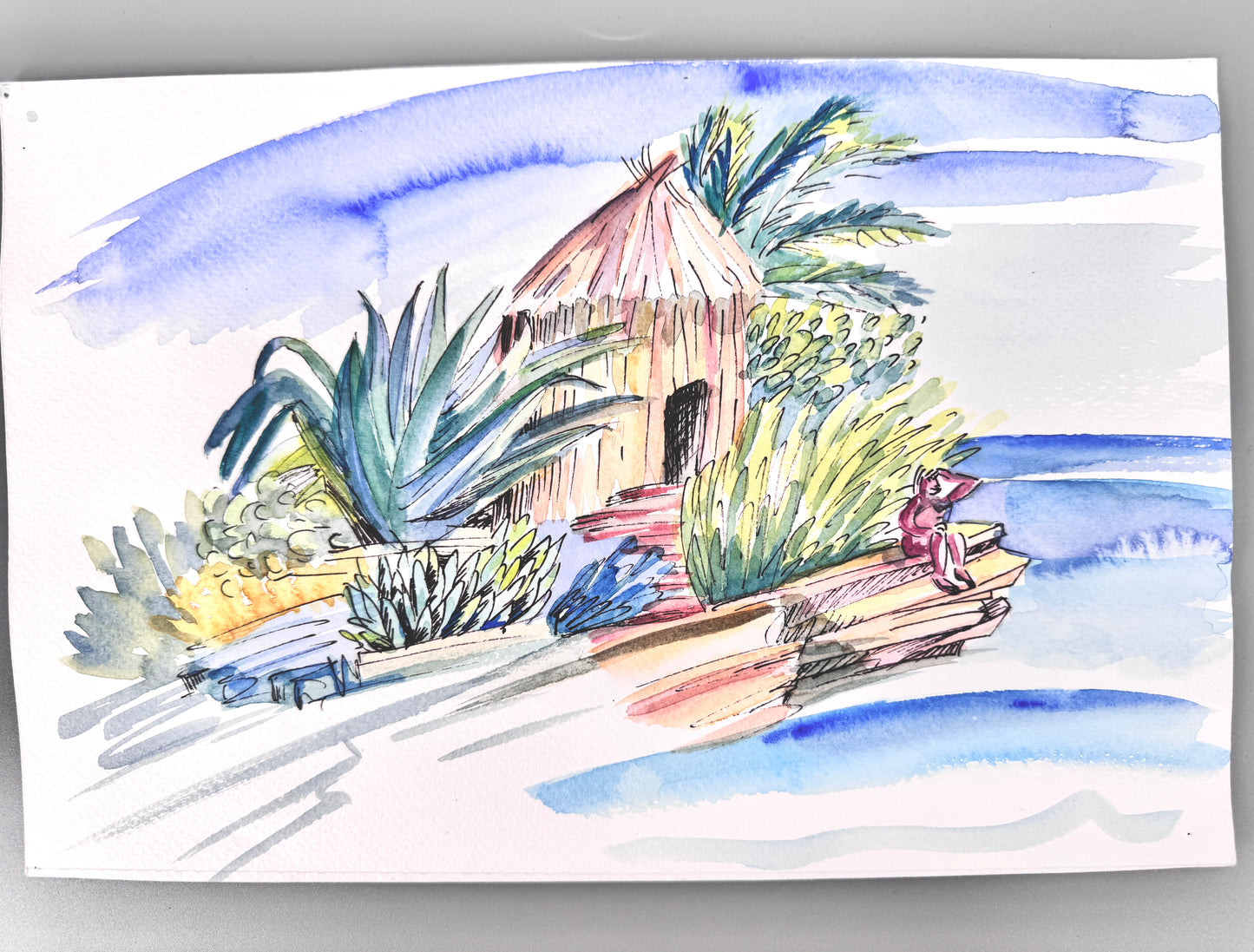 Aquarell, Helga Engeln. Einsame Insel, mit Meerblick