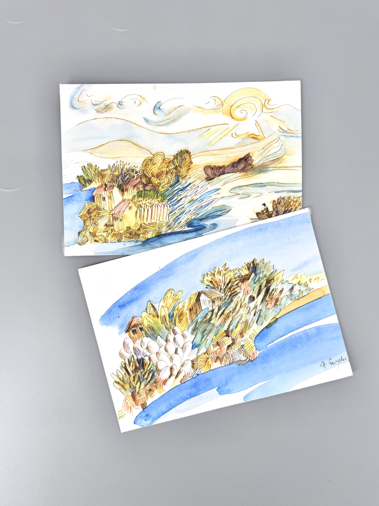 2X Aquarelle, Helga Engeln. Einsame Inseln im Meer