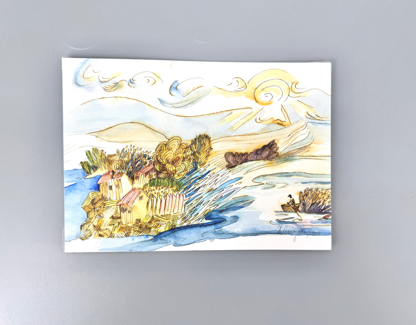 2X Aquarelle, Helga Engeln. Einsame Inseln im Meer