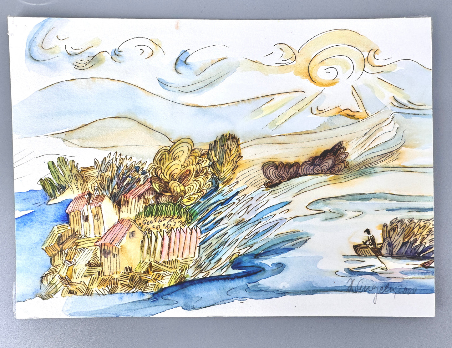 2X Aquarelle, Helga Engeln. Einsame Inseln im Meer