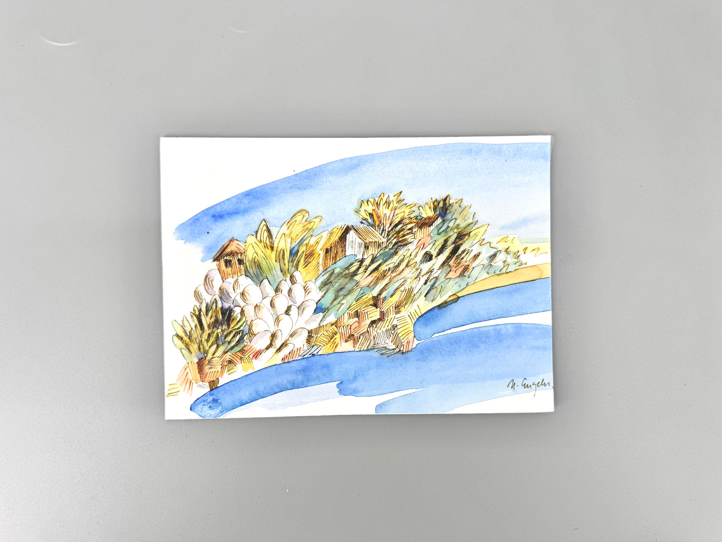 2X Aquarelle, Helga Engeln. Einsame Inseln im Meer