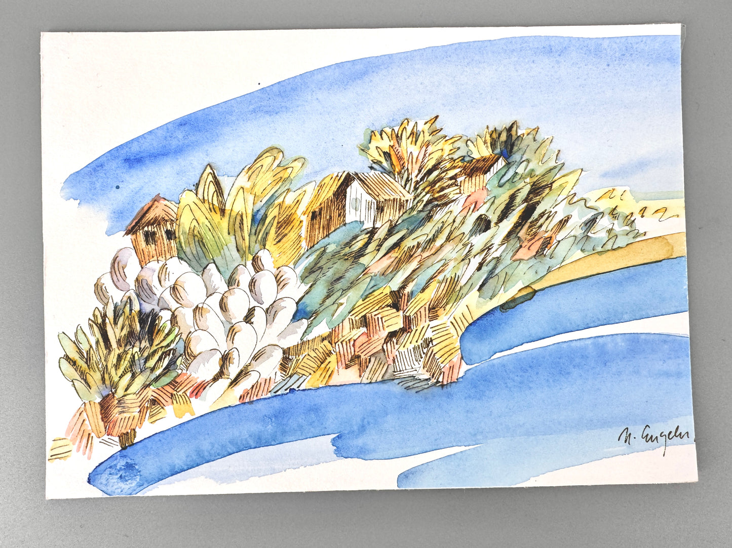 2X Aquarelle, Helga Engeln. Einsame Inseln im Meer