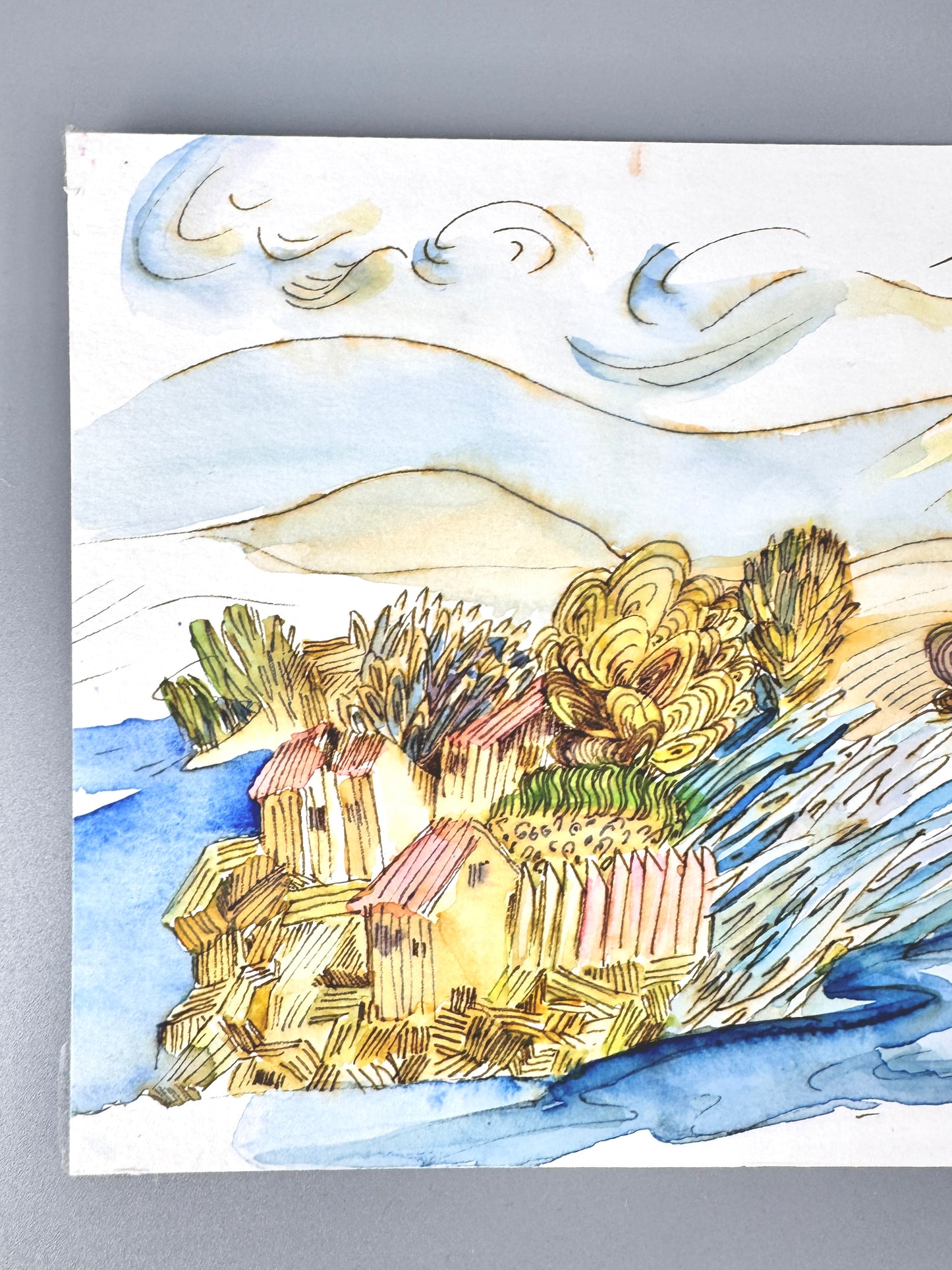 2X Aquarelle, Helga Engeln. Einsame Inseln im Meer