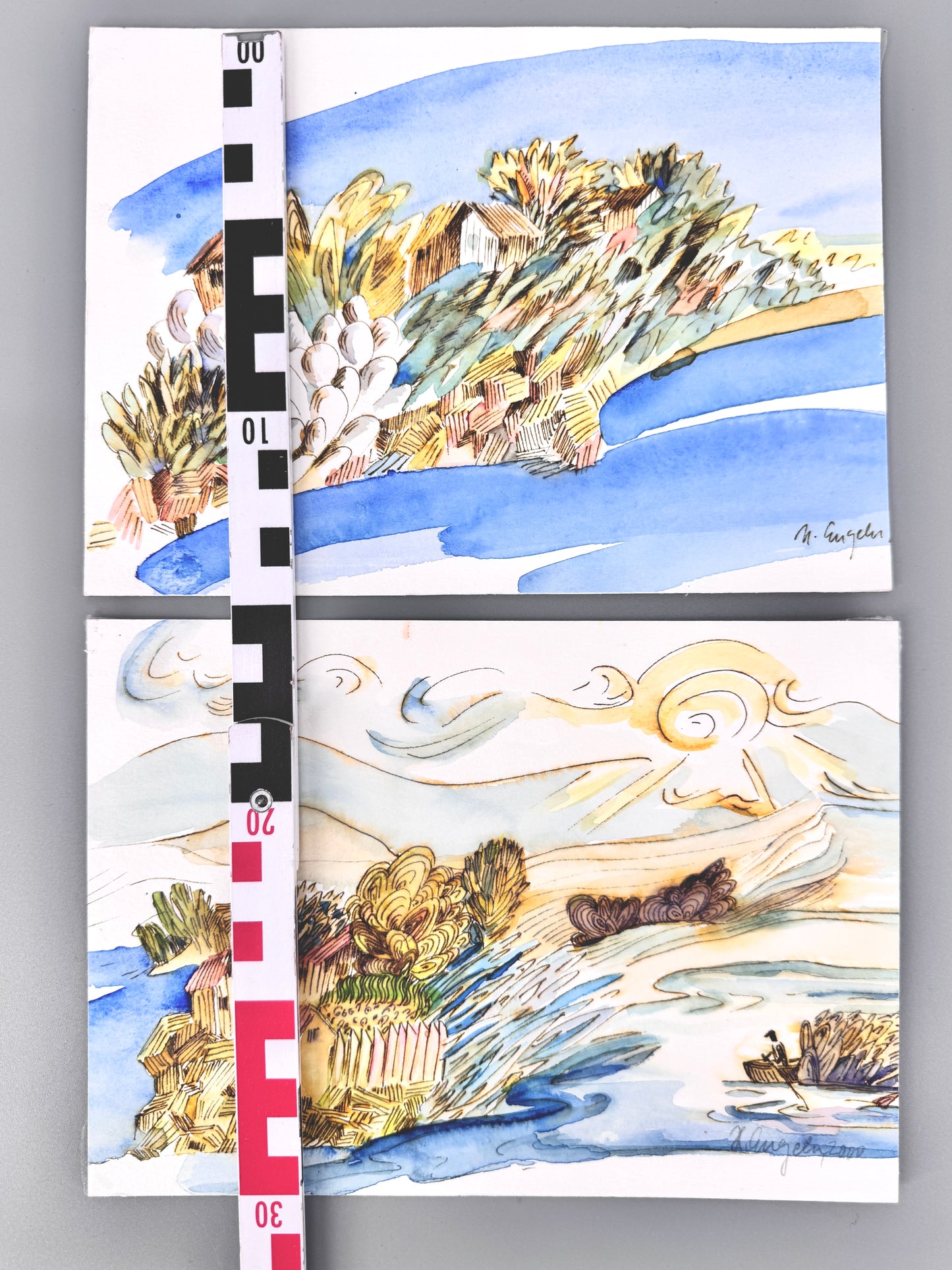 2X Aquarelle, Helga Engeln. Einsame Inseln im Meer