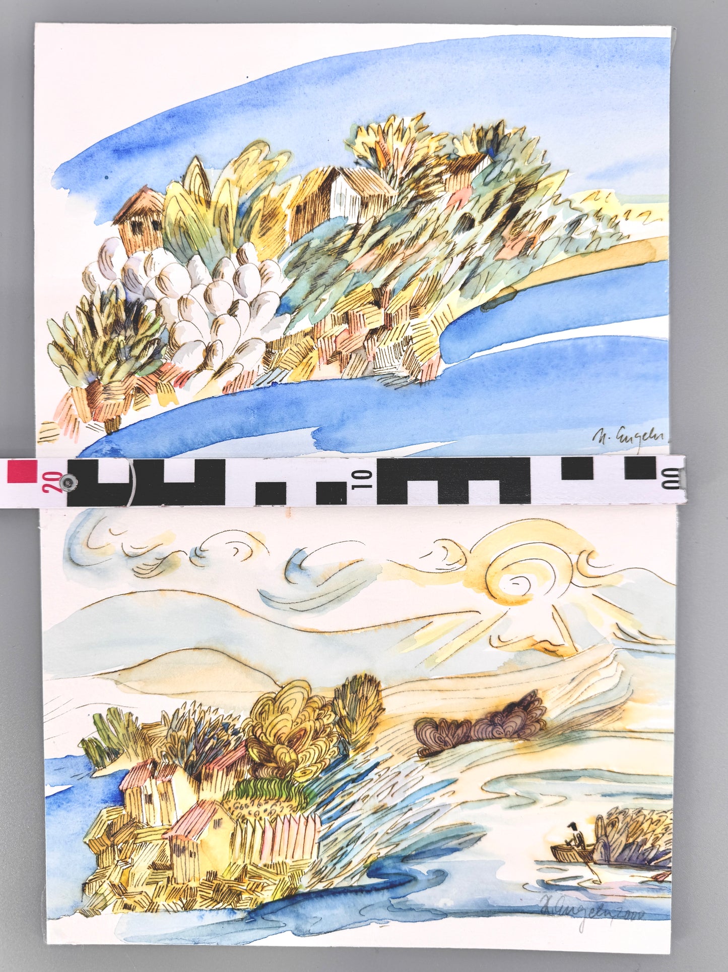 2X Aquarelle, Helga Engeln. Einsame Inseln im Meer