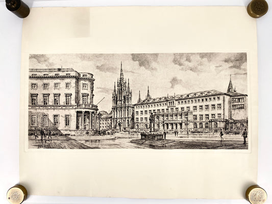 Grafik Stadtansicht Wiesbaden, Marktplatz mit Rathaus und Hessischem Landtag