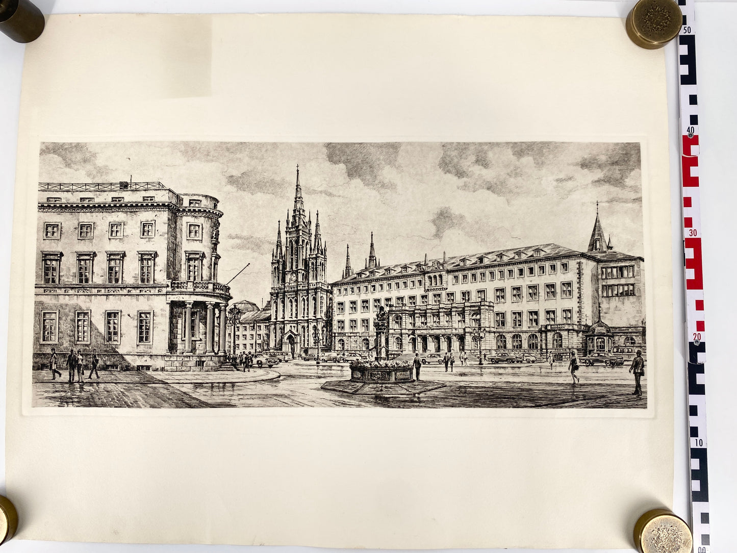 Grafik Stadtansicht Wiesbaden, Marktplatz mit Rathaus und Hessischem Landtag