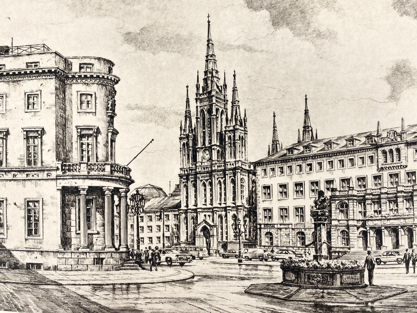 Grafik Stadtansicht Wiesbaden, Marktplatz mit Rathaus und Hessischem Landtag