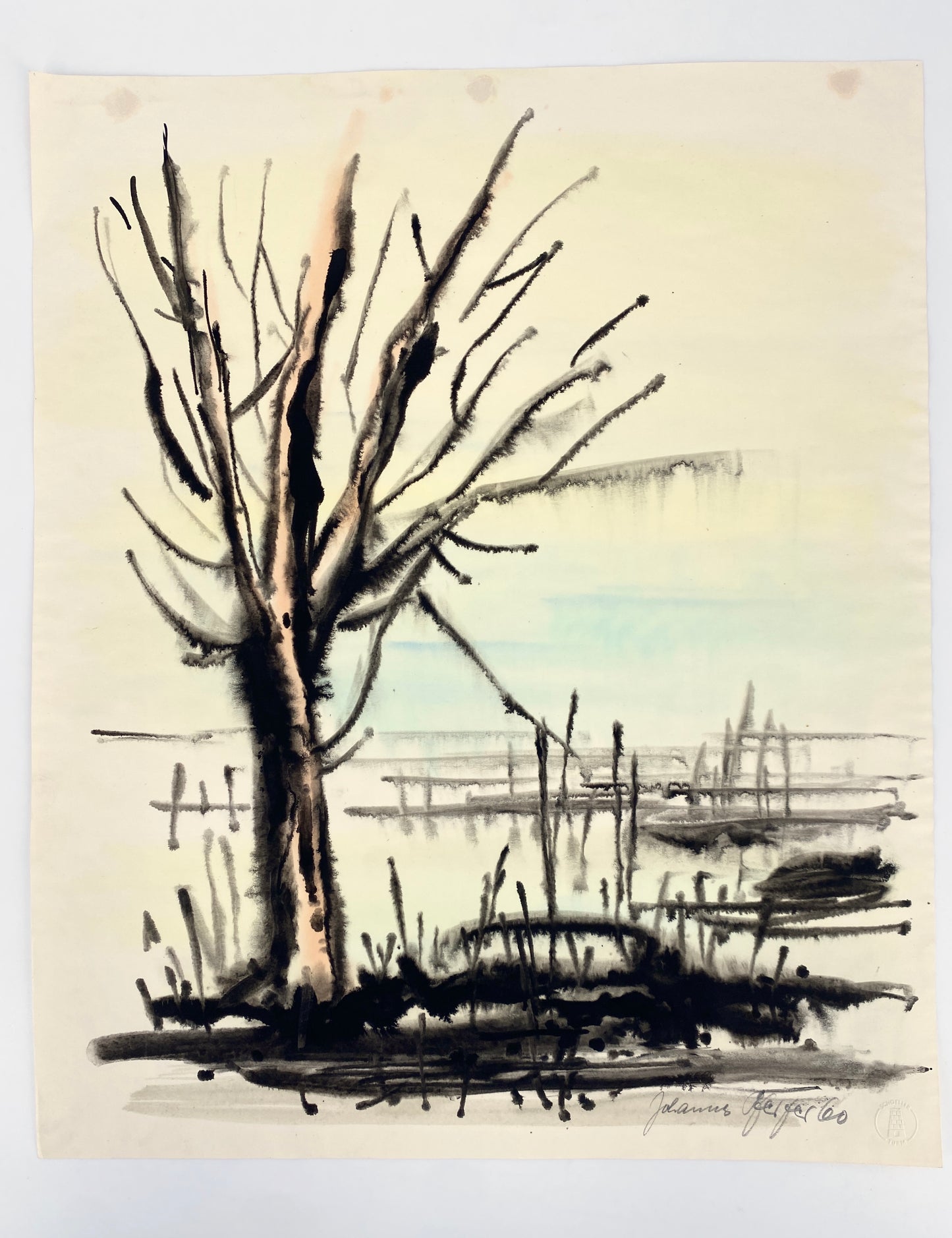 Lavierte Tusche-Zeichnung, abstrahierte Landschaft von 1960