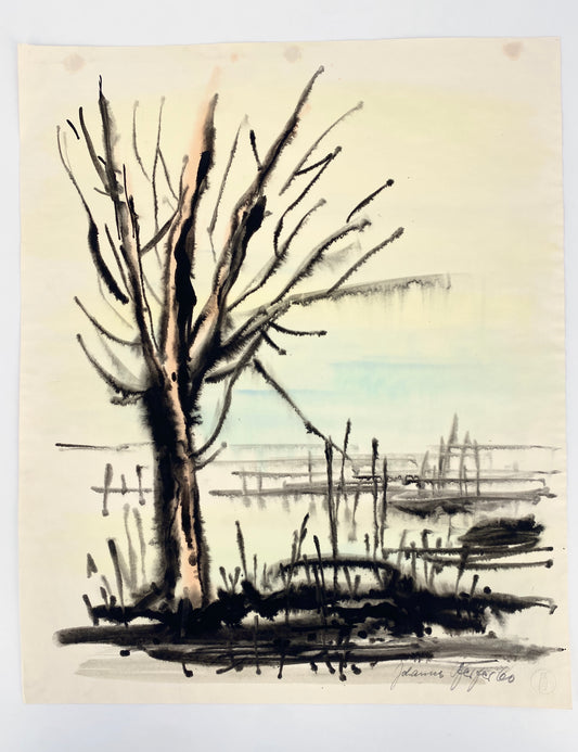 Lavierte Tusche-Zeichnung, abstrahierte Landschaft von 1960
