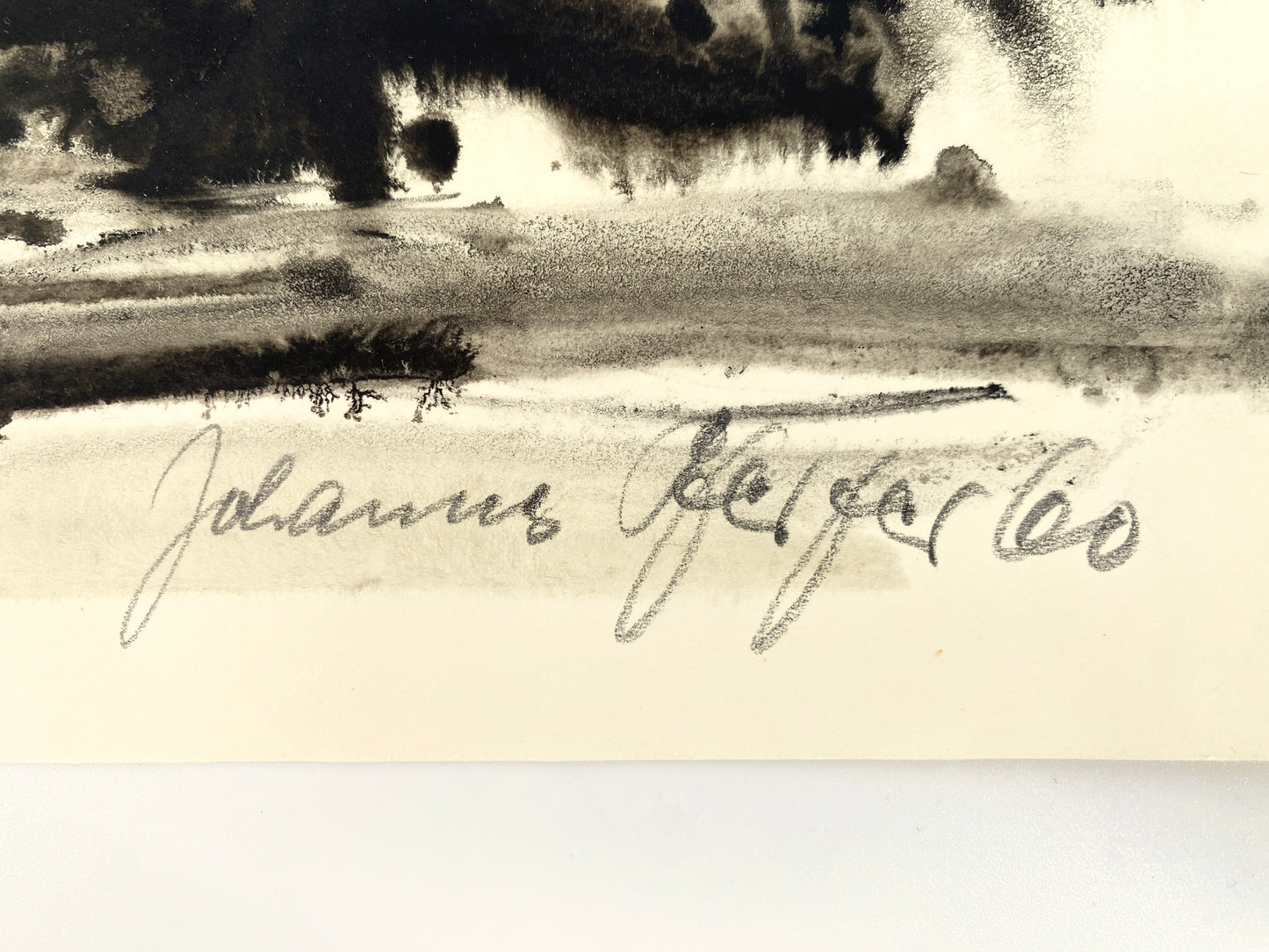 Lavierte Tusche-Zeichnung, abstrahierte Landschaft von 1960